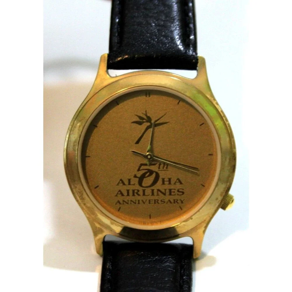 Rare Aloha Airlines Logo 50th Anniversary Vintage Wrist Watch Gold Tone Leather